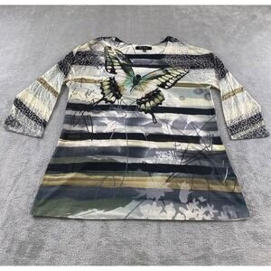 B.L.E.U. Women XL Butterfly Graphic Stripe Top Rhinestone Embellished 3/4 Sleeve